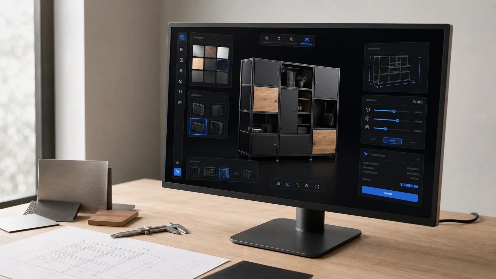 Custom 3D product configurator interface — material swatches, dimension controls and live pricing around a configurable product