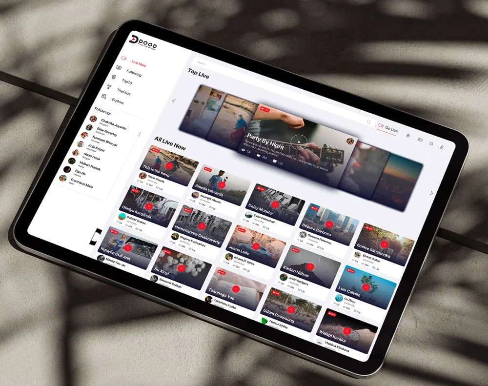 DOOD customer product experience — live content platform interface on a tablet
