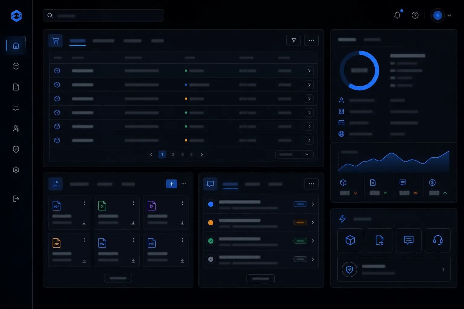 Customer portal dashboard — orders, documents, support tickets and account overview